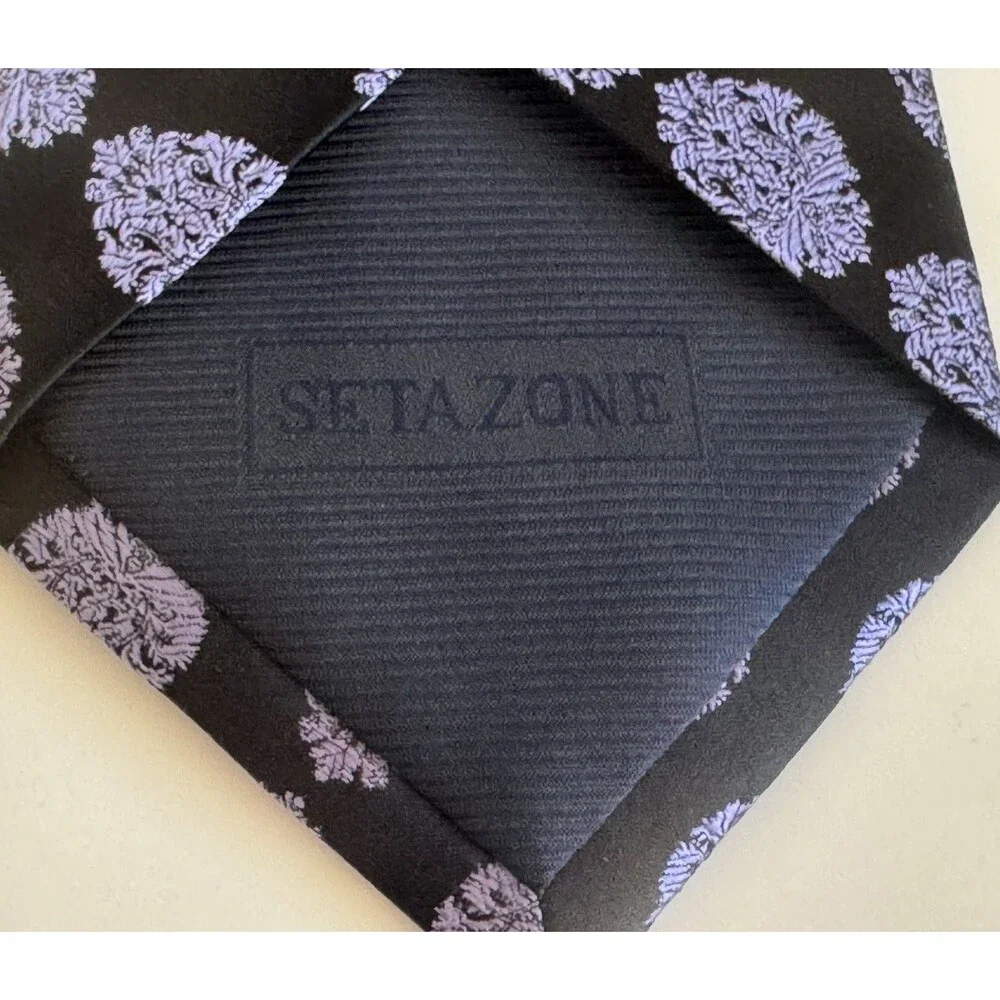 SETAZONE Mens Tie 100% Silk Brocade Wide Dark Navy Purple Handmade Luxury